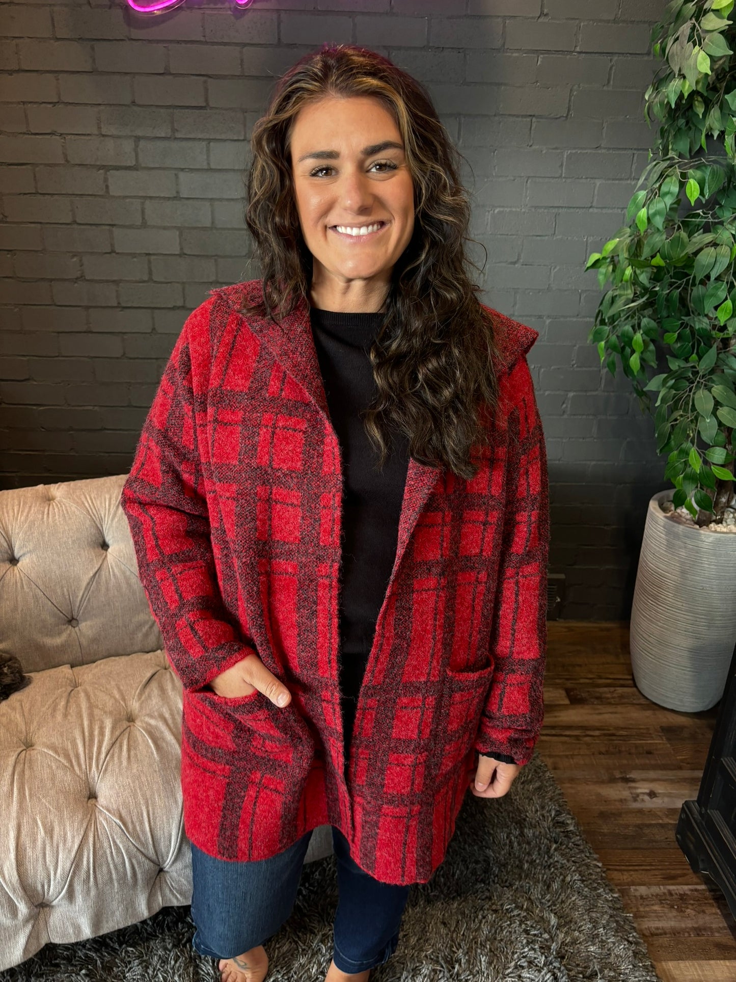 Simone Plaid Coat-igan - Red