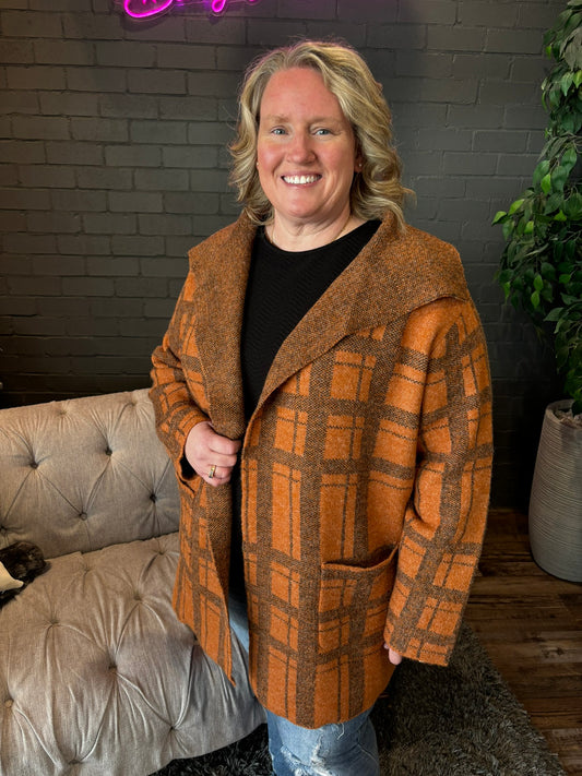 Simone Plaid Coat-igan - Rust