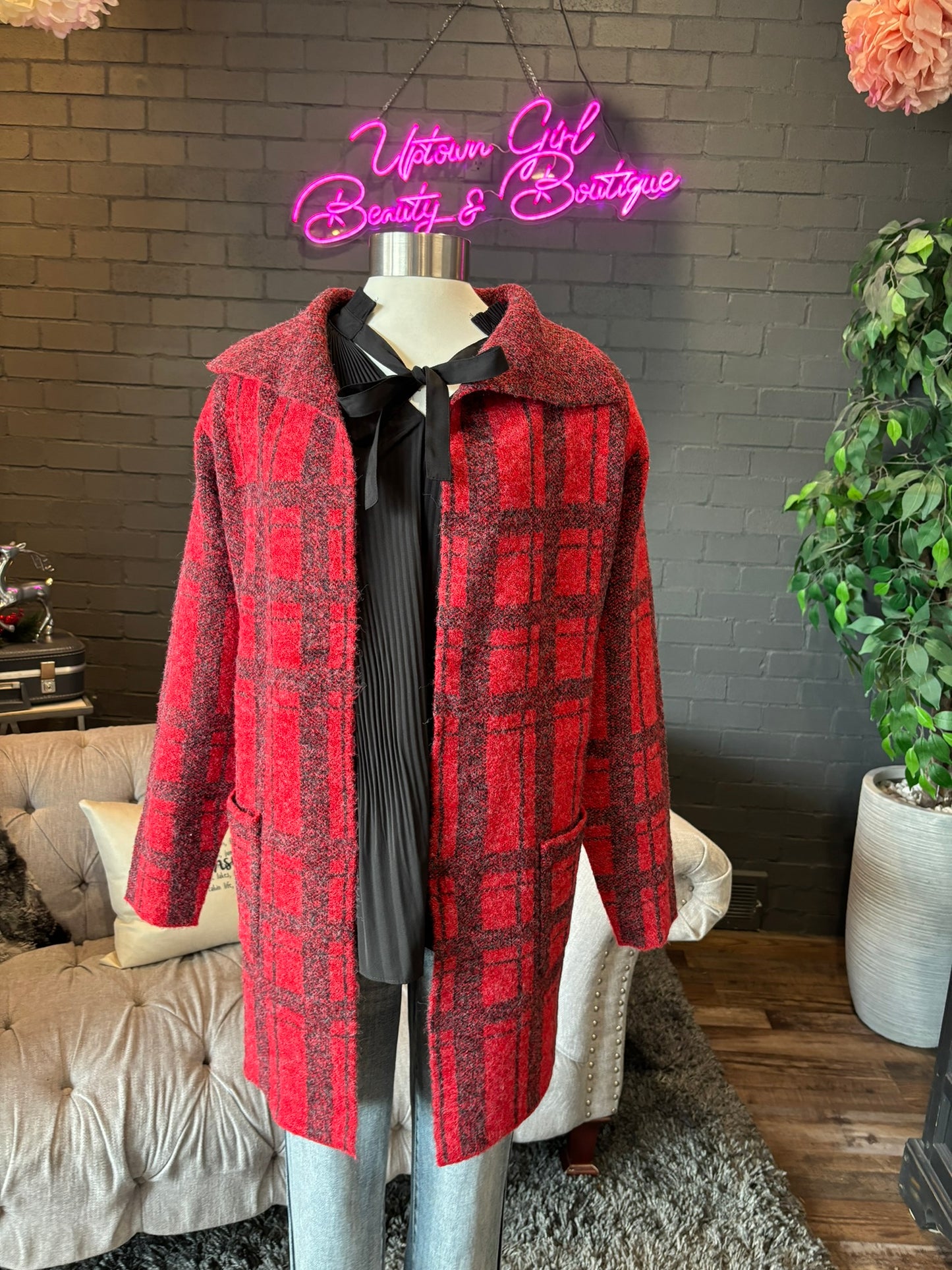 Simone Plaid Coat-igan - Red