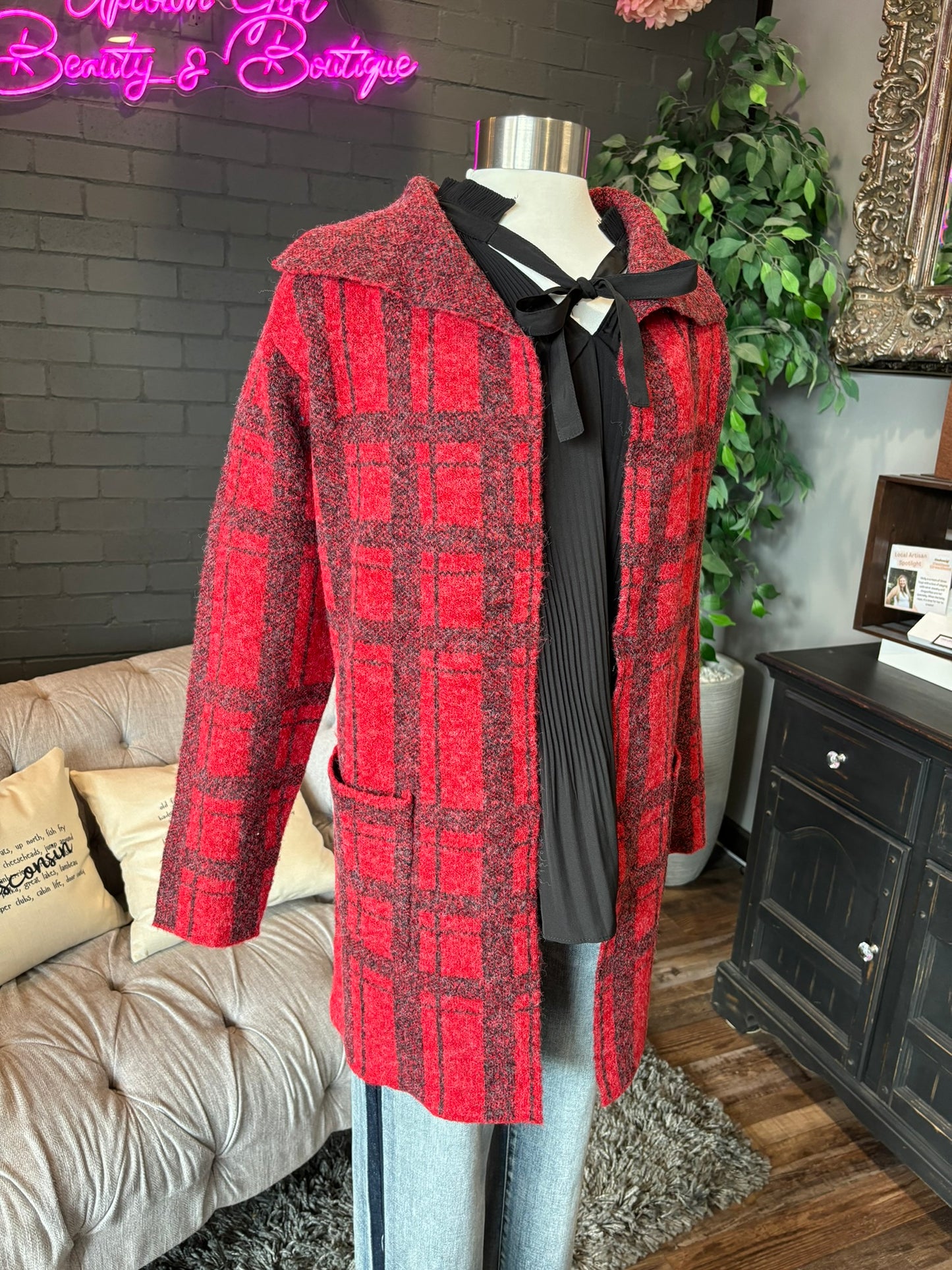 Simone Plaid Coat-igan - Red